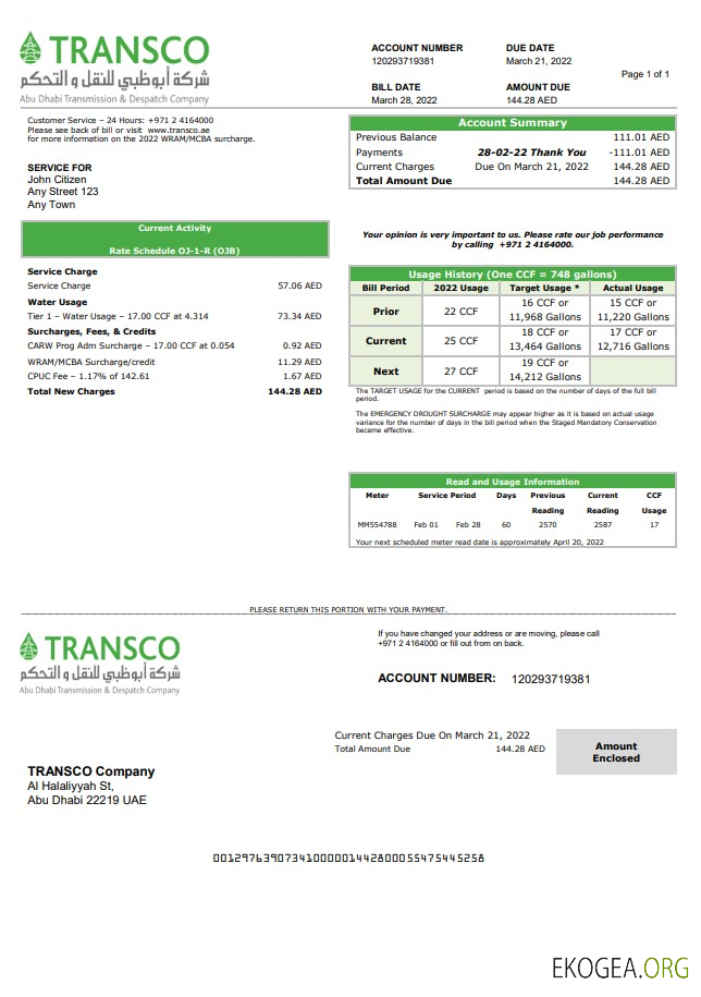 UAE Abu Dhabi Transmission & Despatch Company (TRANSCO) utility bill template in Word and PDF format